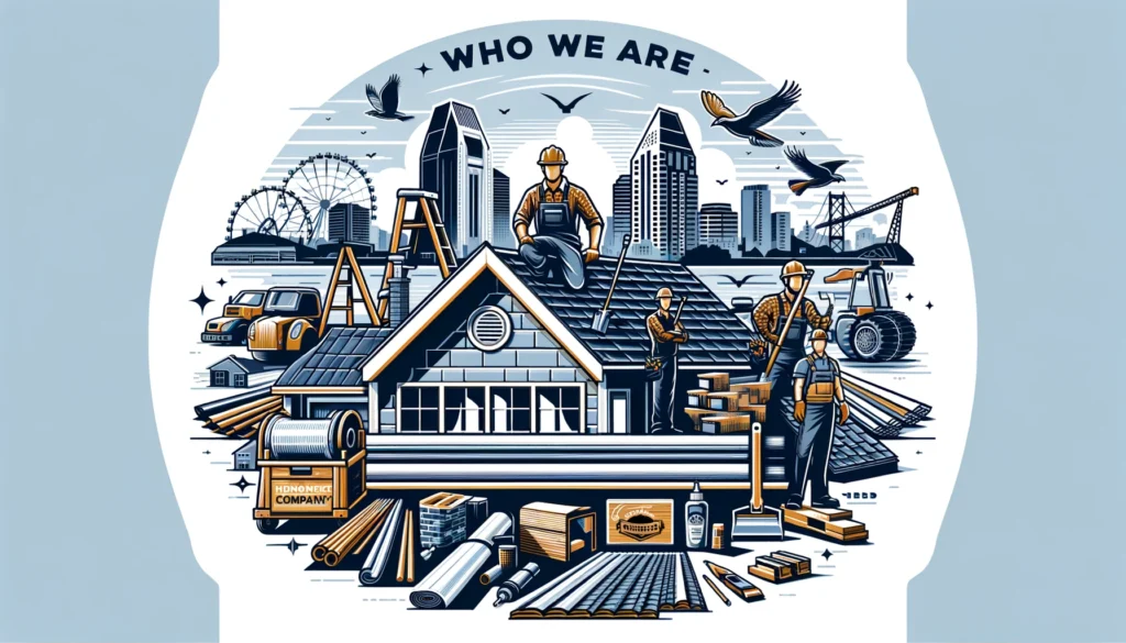 Convey trustworthiness, professionalism, and expertise in roofing repair and installation, featuring a team of skilled roofers at work with high-quality materials, set against the backdrop of San Diego. 