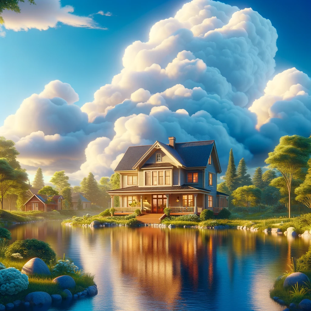 capturing the serene and picturesque setting you described. The clear, vivid blue sky is dotted with fluffy white clouds, adding to the overall sense of tranquility. 